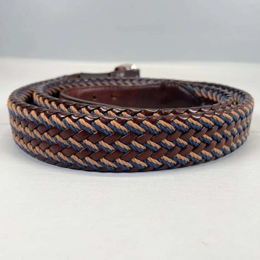 Brighton Belt Mens 40 Brown Blue Tan Braided Leather Silver Buckle Woven Dress